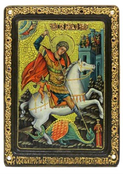 рукописная икона на черном дубе Святой Георгий 3442