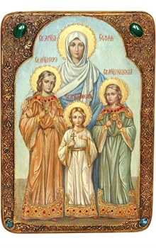 Рукописная икона в киоте Вера, Надежда, Любовь и мать их София 3506