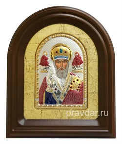 Николай Чудотворец, серебряная икона в деревянном киоте, золочение, цветная эмаль 2671 - фото 7958