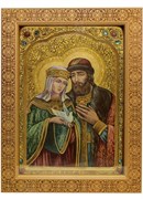 Рукописная икона в киоте под стеклом Святые Петр и Феврония 3854