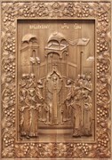 Воздвижение Креста Господня, резная икона на дубовой цельноламельной доске 3862