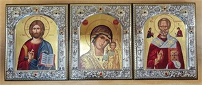 Триптих: Спаситель, Казанская Божия Матерь, Николай Чудотворец, шелкография, серебряный оклад, золочение, кристаллы Swarovski 3868